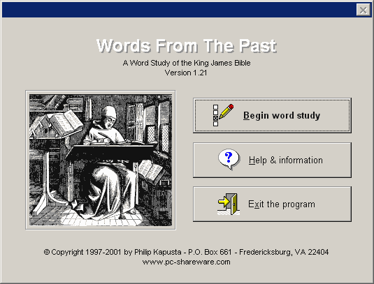WORDS FROM THE PAST - An online, interactive quiz that tests your knowledge of the unique words found in the King James translation. Does the King James contain difficult to understand, archaic, obsolete words? This software program seeks to increase your knowledge of the King James translation's unique vocabulary. Over 860 of the most challenging words! Great for Bible students and laymen alike.